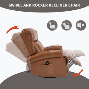 English Elm Heat Massage Swivel Rocker Recliner in Genuine Leather for Living Room Comfort W3224S00015