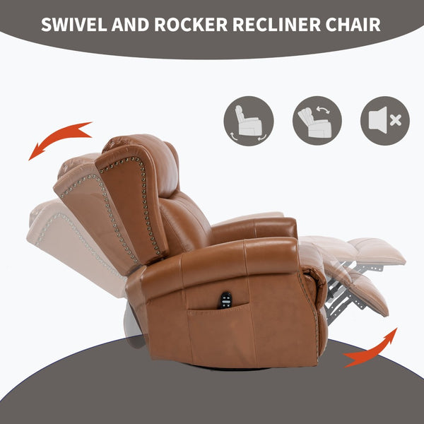 English Elm Heat Massage Swivel Rocker Recliner in Genuine Leather for Living Room Comfort W3224S00015