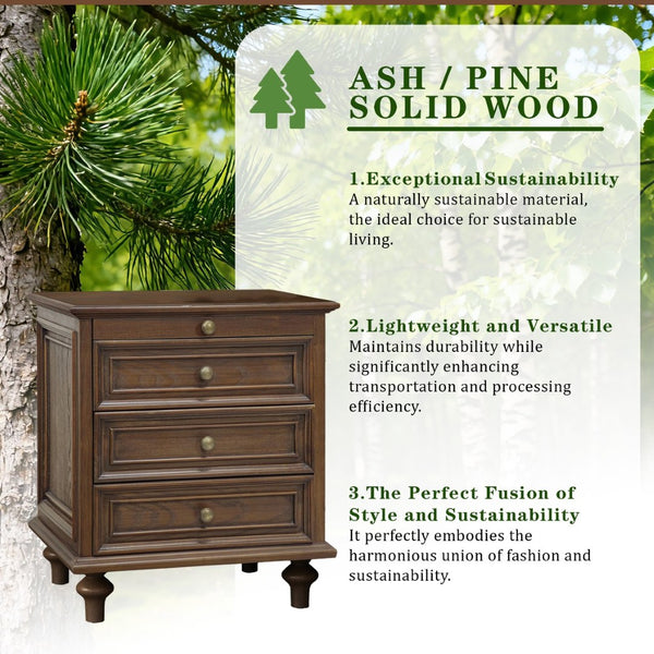 English Elm Farmhouse Nightstand Pine Wood Four Drawer Storage with Pull Out Tray Gourd Legs Walnut Brown W1716P399634