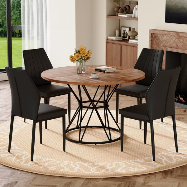 English Elm Table and Chair Set Walnut Round Dining with Hourglass Base Four Fabric Seats Walnut+Black W1151S04855