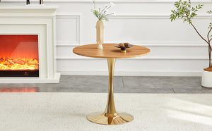 English Elm Round Faux Marble Tulip Pedestal Dining Table Mid Century Modern for Small Bistro Spaces Gold,Wood W2920P401552
