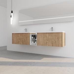 English Elm 84 Inch Wall Mounted Vanity with Dual Resin Sinks, Soft Close Doors, Metal Handles, Ample Storage Space Imitative Oak W999S00190