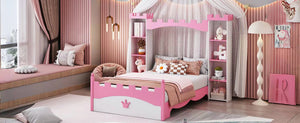 English Elm Castle-Shaped Twin Bed with Crown Footboard and Built-In Shelves, Sturdy MDF/Pine Frame for Kids White+Pink 82 L x 14.25 W x 6.75 H N733S177379K