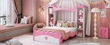 English Elm Castle-Shaped Wooden Bed With Storage Shelf, Dreamy Twin Size Platform Bed For Kids Bedroom, White + Pink(Expected Arrival Time:8.14)