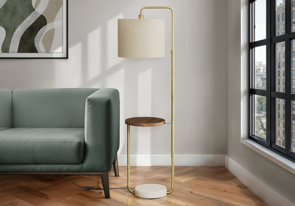 English Elm Lighting, 65"H arc floor lamp with ivory drum shade, sleek metal frame, 100W max, foot switch, modern ambiance Gold 17 L x 16 W x 28 H B2710P221311