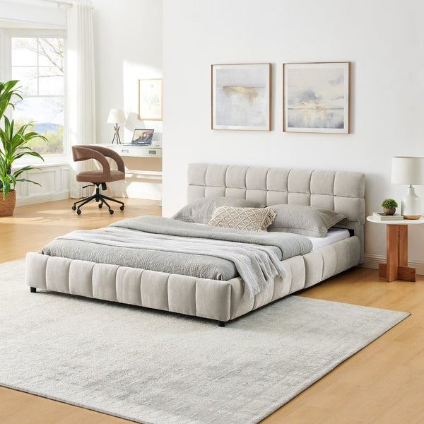 English Elm Queen Chenille Upholstered Platform Bed with Storage Drawers and Padded Headboard Beige W487P235287