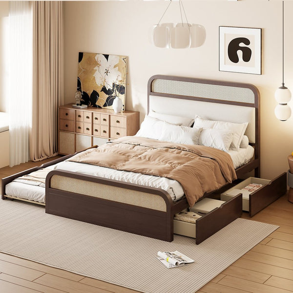 English Elm Queen Wooden Platform Bed With Trundle, 2 Storage Drawers & Padded Headboard In Espresso Finish N820S00010P-GIGA