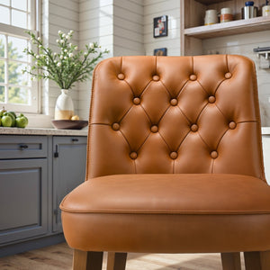 English Elm Peoria Button-tufted Vegan Leather Counter Stool with Walnut Legs for Kitchen Island B183P423279