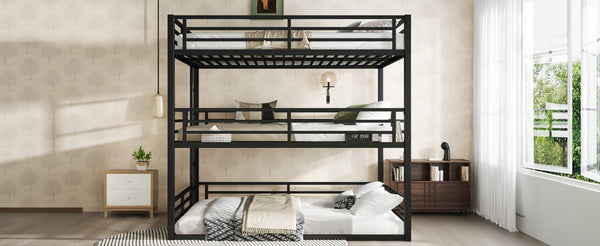 English Elm Queen Metal Triple Bunk Bed - Space-Saving Design With Safety Guardrails & Noise Reduction, Black Finish W1580S00176-GIGA