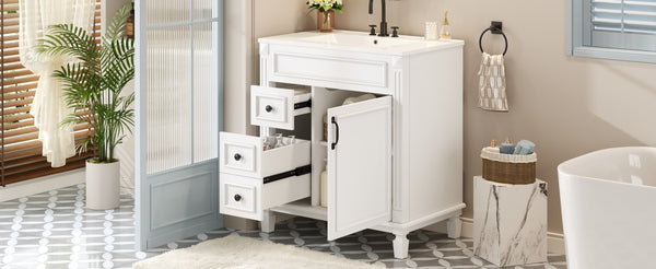 English Elm 30" French-Inspired Bathroom Vanity With Ceramic Sink & Dual Drawers - Elegant Storage Solution! N710P323328K