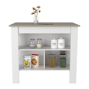 English Elm Cala Kitchen island with wide prep top, stool-friendly legroom and three open shelves for storage and organization Multicolor 44.5 L x 31.5 W x 4.7 H B20092013
