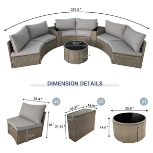 English Elm Outdoor Half Moon Sectional 9 Piece Rattan Patio Set with Tempered Glass Tables W874S00084