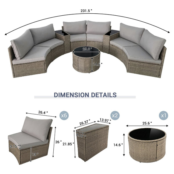 English Elm Outdoor Half Moon Sectional 9 Piece Rattan Patio Set with Tempered Glass Tables W874S00084