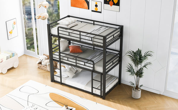 English Elm Metal Triple Bunk Bed Steel Frame Twin Three Tier Guardrails for Shared Rooms Black GX000230AAB