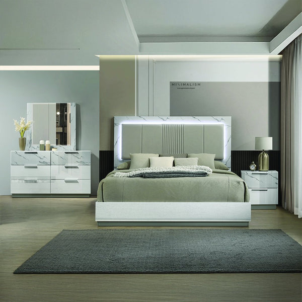 English Elm Mist Queen Bed - Two-Tone Marble-Inspired Lacquer Frame with Padded Headboard & Ambient LED Lighting B009S01743