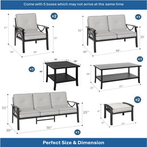 English Elm 8-piece Outdoor Conversation Set 9 Seat Steel Patio Sofa with Thick Cushions Tables Grey+Black B082S00130