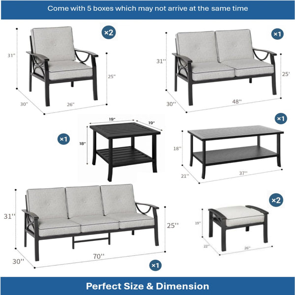 English Elm 8-piece Outdoor Conversation Set 9 Seat Steel Patio Sofa with Thick Cushions Tables Grey+Black B082S00130