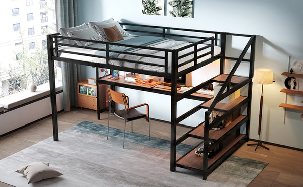 English Elm Queen Loft Bed With Desk, Storage Stairs, Led Lights & Usb Ports – Perfect For Modern Living Spaces! W1580S00477-GIGA