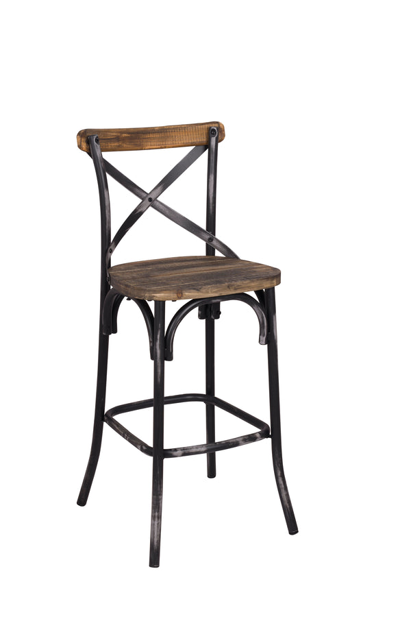 English Elm Zaire Vintage Industrial Bar Chair with Antique Oak Wooden Seat, Metal X Back & Splayed Legs, 29" Seat Height B2726P292484