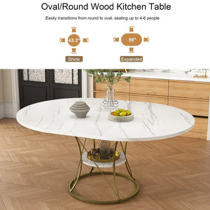 English Elm 43 Inch Expandable Round Dining Table Walnut Veneer Seats Six with Metal Storage Shelf Walnut+Gold W2700P411581