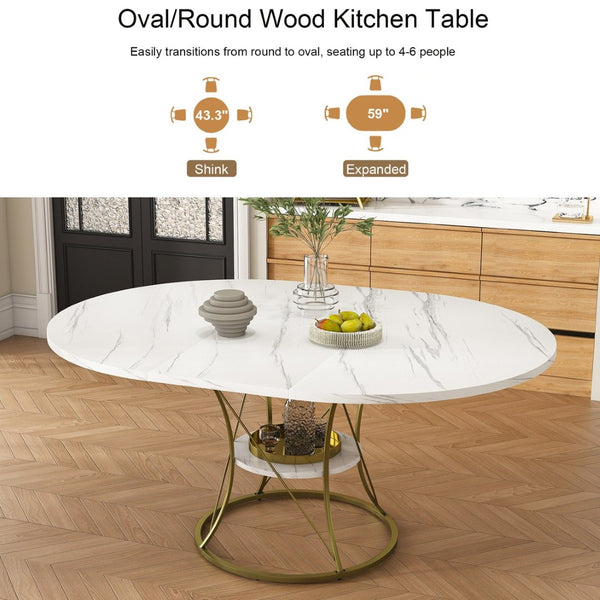 English Elm 43 Inch Expandable Round Dining Table Walnut Veneer Seats Six with Metal Storage Shelf Walnut+Gold W2700P411581