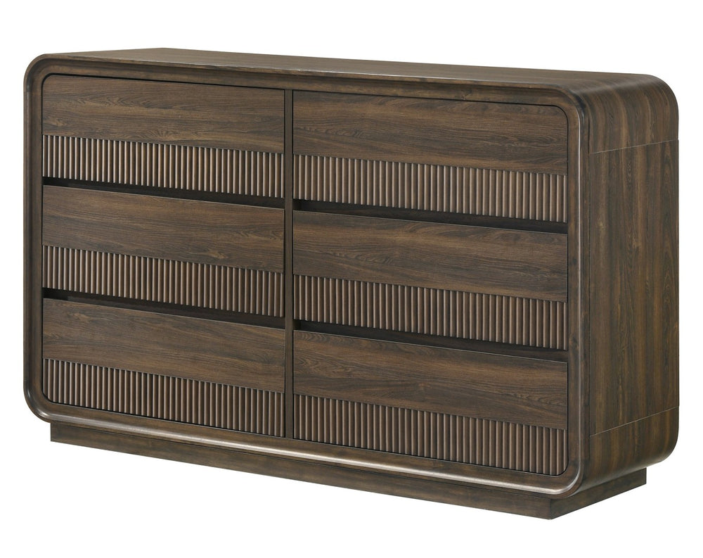 English Elm Mid-century Six Drawer Dresser with Fluted Fronts and Dark Wood Grain Bedroom Storage B2741P457654