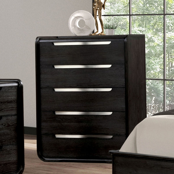 English Elm Modern Sleek 5-Drawer Chest with Gold Square Pulls and Metal Bracket Legs for Luxe Bedroom Storage Black 43 L x 22 W x 55 H B2741P370878