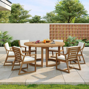 English Elm Trexm Outdoor Acacia Wood Round Dining Set Seats Six with Cushioned Chairs and Umbrella Hole Light Teak TM000027AAD