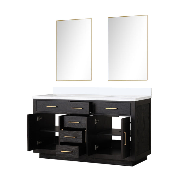 English Elm Black Oak Double Bath Vanity 60" W X 22" D With Elegant White Quartz Top & 2 Stylish Mirrors Included B2731S02138