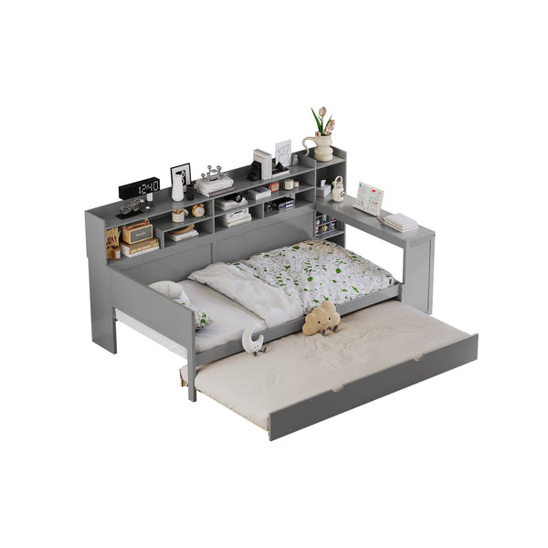 English Elm Wooden Twin Daybed with Trundle, Built-In Desk and Side Storage Shelves for Space-Saving Living Gray 54.4 L x 18 W x 5.6 H N733S242275E