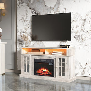 English Elm TVstand,media modern gray entertainment console with 1400W infrared electric fireplace, LED Bluetooth band, 62.6" L storage cabinet for TVs up to 65", safe flame effect, 120V home heating ambiance W679119744