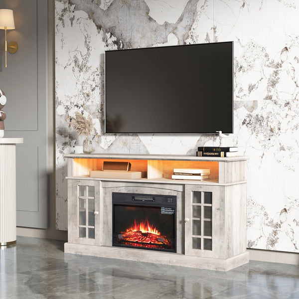 English Elm TVstand,media modern gray entertainment console with 1400W infrared electric fireplace, LED Bluetooth band, 62.6" L storage cabinet for TVs up to 65", safe flame effect, 120V home heating ambiance W679119744