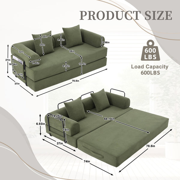 English Elm UNITED modular foldable sofa with metal frame, corduroy upholstery, side pocket & quick assembly convenience Green W1568P374077