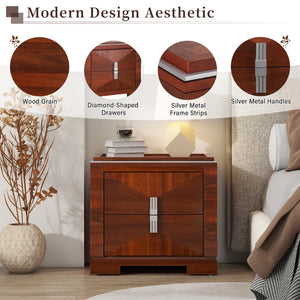 English Elm Mid-century Modern Nightstand with Diamond Geometric Drawers and Heavy Duty Wood Base Dark Brown N761P324094N