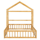 English Elm Wooden Floor Bed With Fence Railings and Detachable House Shape Headboard,Full Size Bed With Kids Dress Up Rack, Kids Montessori Style Playhouse Frame For Girls Boys, Natural