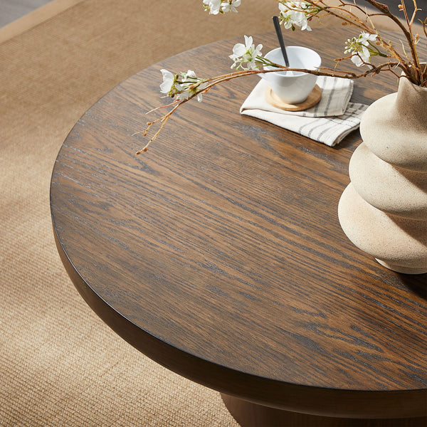 English Elm 35.98inch Round Coffee Table with Oak-Texture Legs and Thick Wood Veneer Top for Living Room Stylishly Low-Profile Modern Design Dark Brown W2582S00096