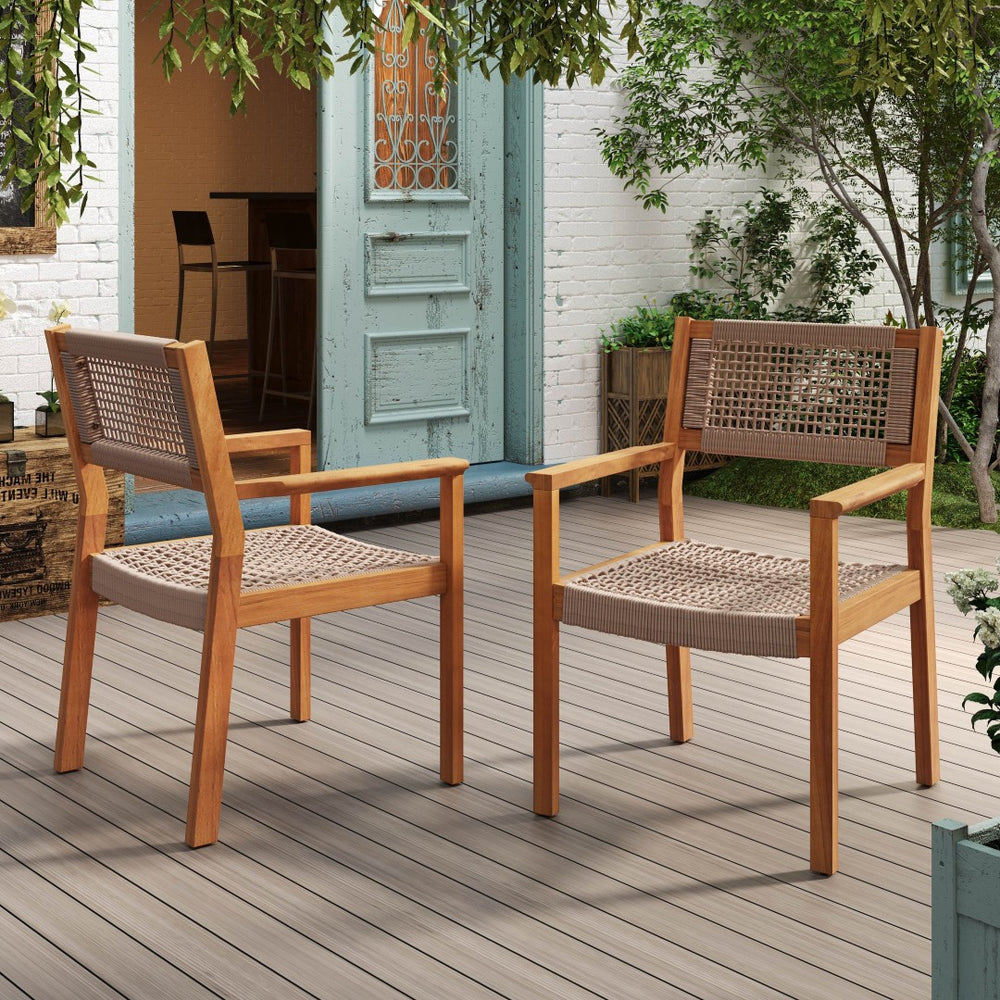 English Elm Braided Rope and Acacia Wood Dining Chair Set Coastal Farmhouse Woven Seating Pair N779P202840T