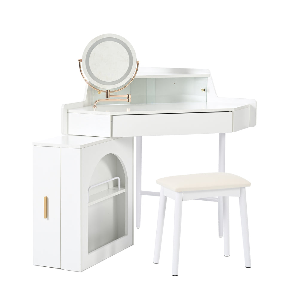 English Elm Corner Makeup Vanity Desk with 360° Rotating LED Mirror, Adjustable Brightness, L-Shaped Corner Design and Pull-Out Storage for Small Spaces White N844P263663A