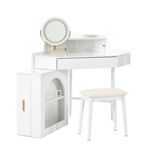 English Elm Corner Makeup Vanity Desk with 360° Rotating LED Mirror, Adjustable Brightness, L-Shaped Corner Design and Pull-Out Storage for Small Spaces White N844P263663A