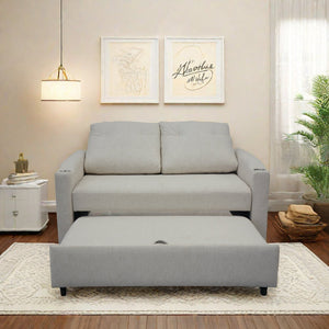 English Elm 1 Versatile Foldable Sofa Bed in Beige Velvet – 3-Length Convertible Pull-Out with USB, Storage, Swivel Phone Stand and Ashtray W1183S00014