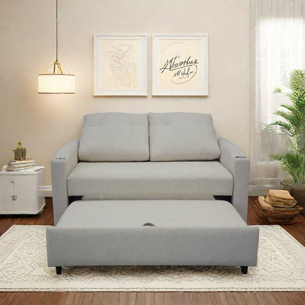 English Elm 1 Versatile Foldable Sofa Bed in Beige Velvet – 3-Length Convertible Pull-Out with USB, Storage, Swivel Phone Stand and Ashtray W1183S00014