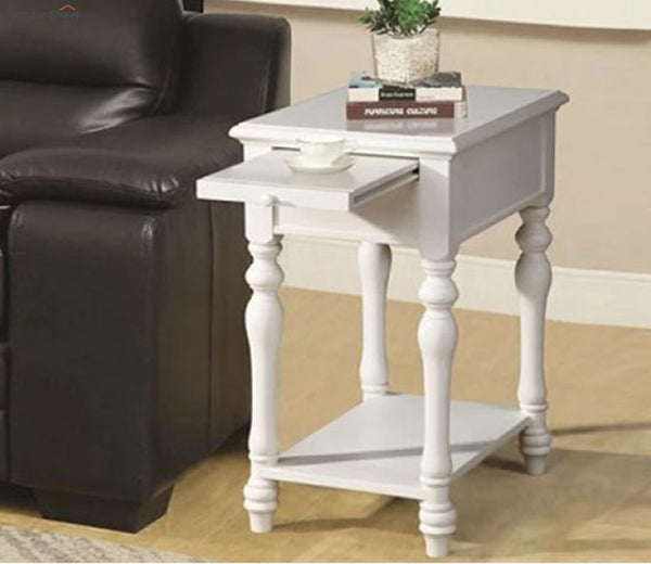 English Elm Transitional White Side Table with Hidden Tray & Open Shelf, Turned Legs, 24¾"W x 23¾"H Accent Piece B2741P341684
