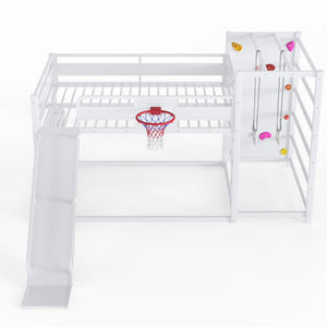 English Elm Twin Metal Loft Bed with Slide Basketball Hoop Climbing Wall and Built-in Shelves W1580S00634