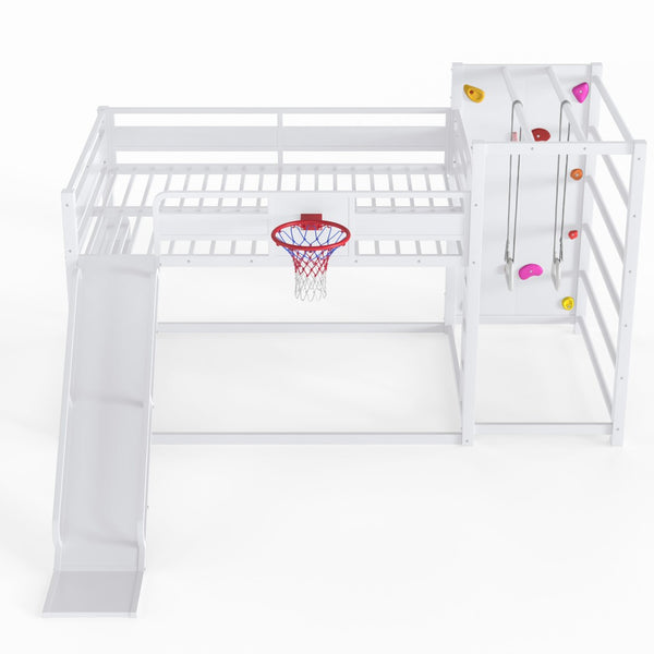 English Elm Twin Metal Loft Bed with Slide Basketball Hoop Climbing Wall and Built-in Shelves W1580S00634