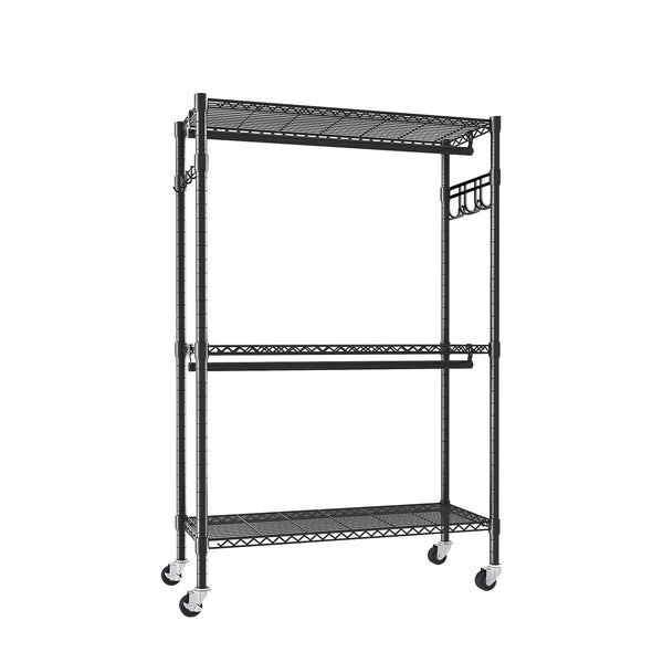English Elm Rolling Clothes Rack – Heavy-Duty 3-Tier Adjustable Wire Shelving with Dual Rails, Side Hooks, Wheels W3204P318298