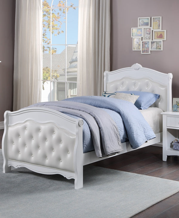 English Elm White Full Size Bed with Faux Leather Tufted Headboard, Modern Glam Platform Frame, Durable Plywood White 63 L x 54 W x 5 H B011S00916