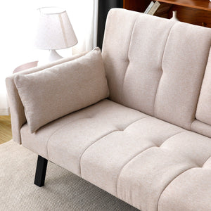 English Elm 70-inch Foldable Cotton Linen Sofa Bed with Cup Holder & Side Storage, Space-Saving 2-Seater Design Beige W3371P337197
