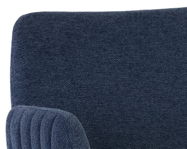 Sunpan Lucano Dining Armchair - Elegant Scooped Design with Vertical Channel Tufting and Gold Legs Belfast Navy