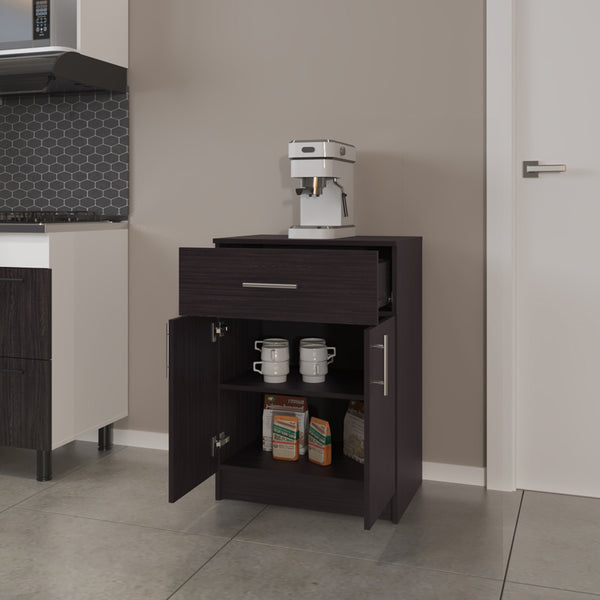 English Elm Coffee Cart with Spacious Drawer and Black Engineered Wood Finish, Compact 33.5"H x 23.6"W Storage Organizer B092P309186
