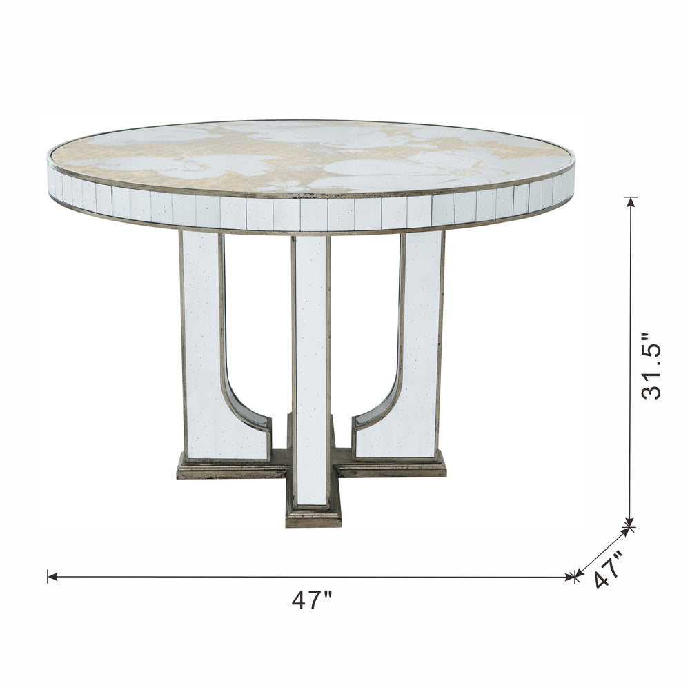 English Elm 47x47x31.5" Round Dining Table with Mirrored Silver Finish, Floral Motifs, Elegant Centerpiece for Stylish Homes W2078P248208